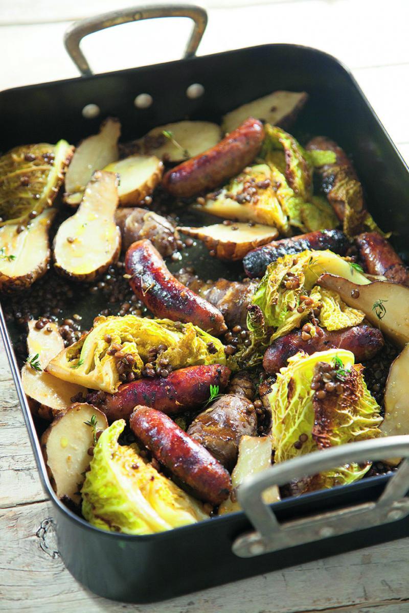 RECIPE: Sausage and Jersulem artichoke bake with cabbage - it's tray bon!